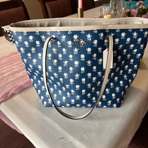 Coach Blue Floral Tote with Cream Trim and Straps